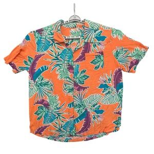 KS Island Orange Tropical Floral Print Short Sleeve Button‎ Up Shirt Men 3XL